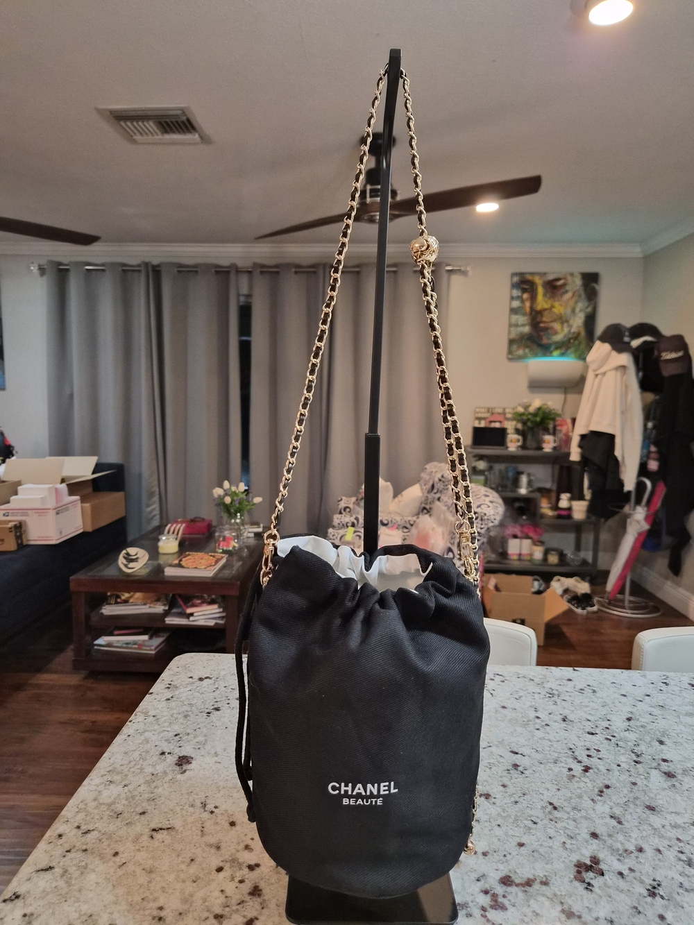 Chanel Beaute VIP GWP Black Drawstring Bucket Bag with Chain Strap